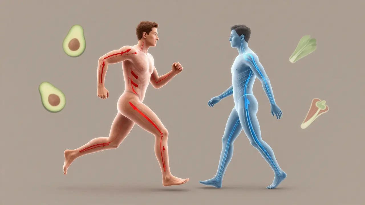 Průhledný lidský tělo s modrými proudy tukového metabolismu při klidné aktivitě.