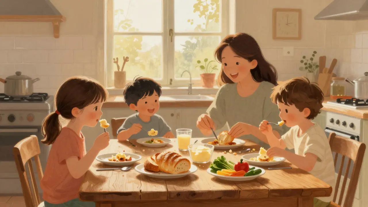 Rodina společně jí jednoduché jídlo bez technologií, teplé světlo a smích.