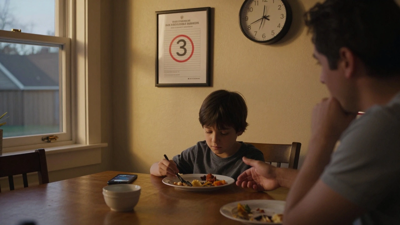 Rodina u večerního stolu, dítě se dívá na nejeden jídlo, na zdi je školní známka v červeném.