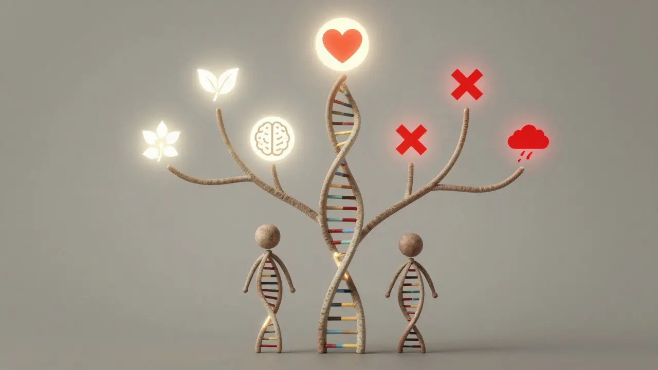 Rodokmen z DNA vláken, některé větve svítí zdravím, jiné ukazují riziko dědičných nemocí.