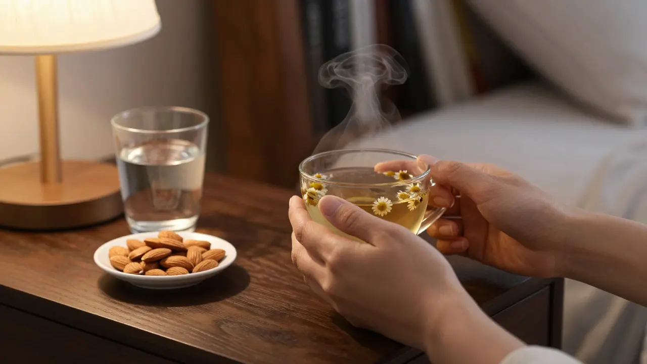 Ruce drží kamilový čaj a vedle něj syrové oříšky a minerální voda