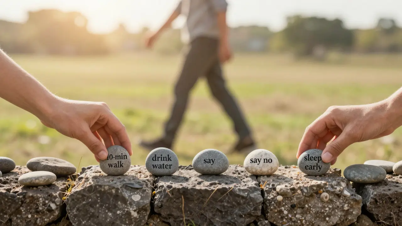 Ruce staví ze stonek ze zdravých návyků zeď, která chrání člověka před nemocemi.
