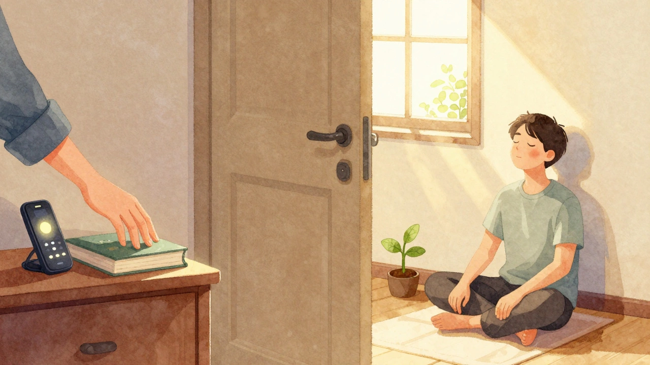 Ruka klade knihu na noční stolek, osoba dýchá v klidu při světle východu slunce.