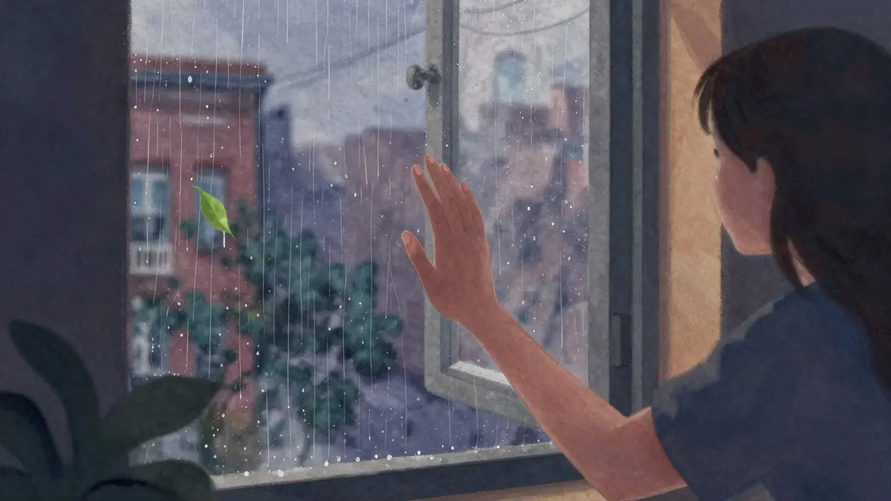 Ruka otevírá okno v dešti, venku je jediný zelený list na stromě, vnitřek je klidný a tmavý.