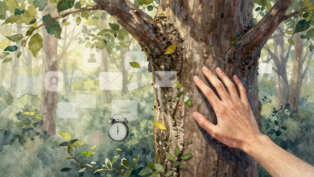 Ruka se dotýká kůry stromu, zatímco digitální hluky mizí v listí.