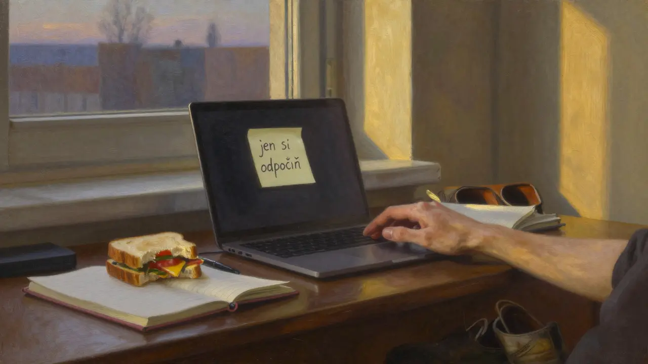 Ruka zavírá počítač v klidné kanceláři při západu slunce, na stole zbytky jídla a poznámka 'jen si odpočiň'.