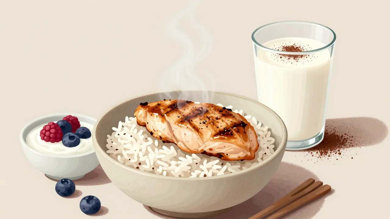 Rýže s kuřecím prsím a jogurtem s bobulími na talíři.