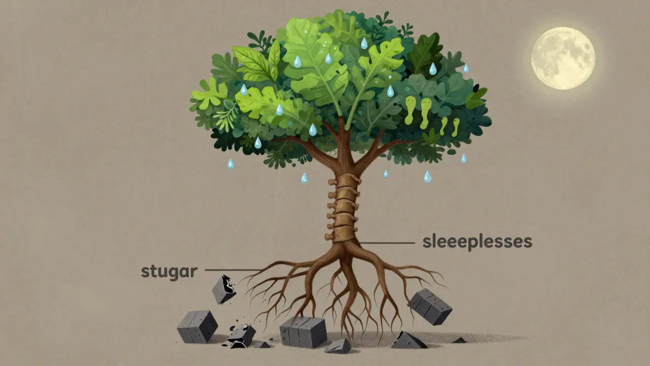 Strom rostoucí z lidské páteře symbolizuje zdravé návyky, zatímco škodlivé prvky padají.