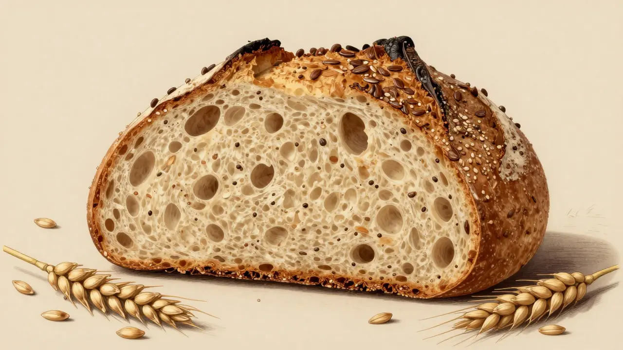 Svěží celozrnný kvasný chléb rozřezaný na plátky s viditelnými semínky.