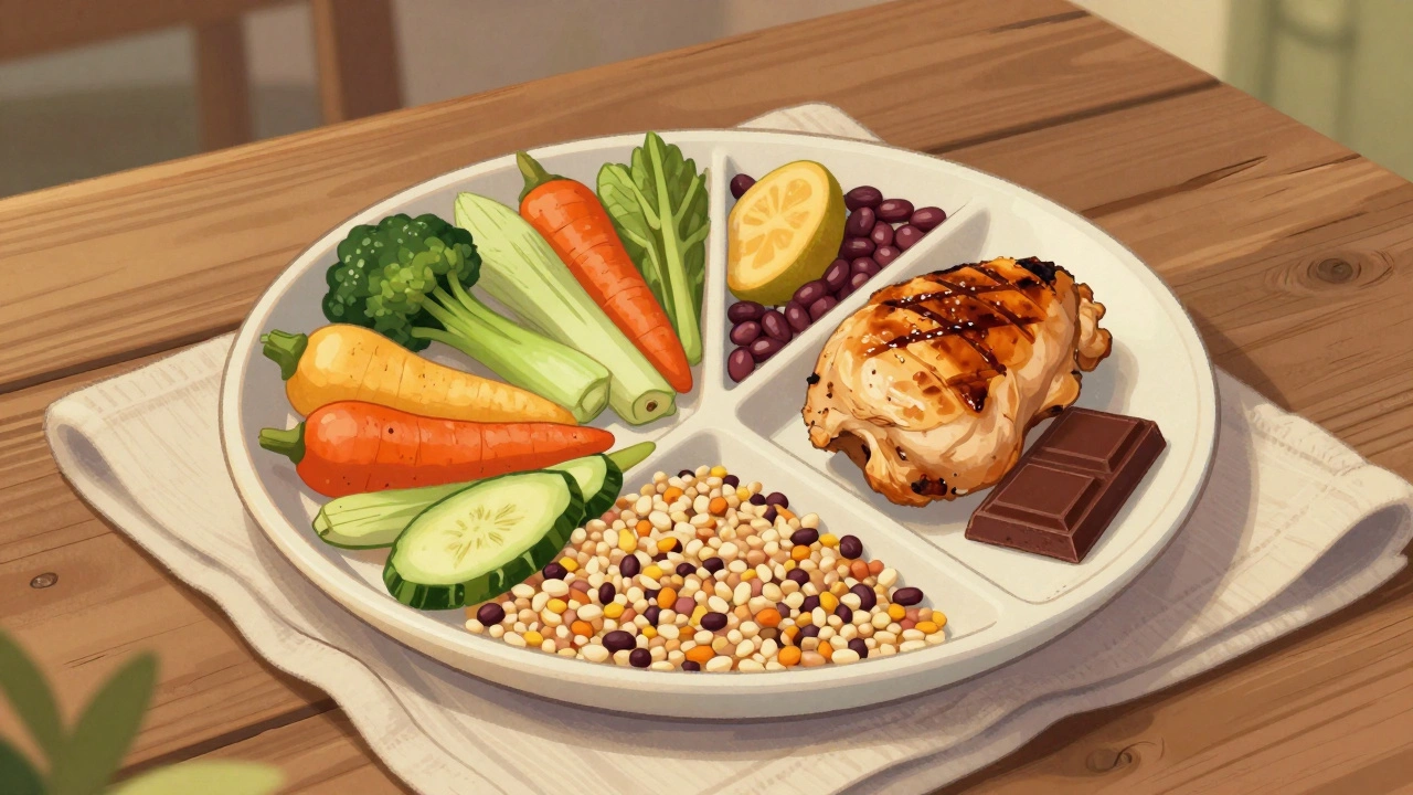 Talíř s třemi čtvrtinami zeleniny a ovoce a čtvrtinou lehkého jídla, reprezentující vyváženou stravu.