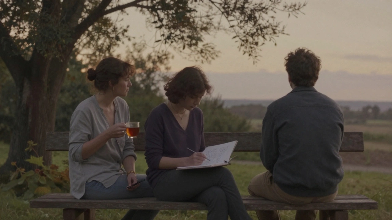 Tři lidé sedí na lavičce v zahradě večer, sdílejí tichou přítomnost bez telefonů.