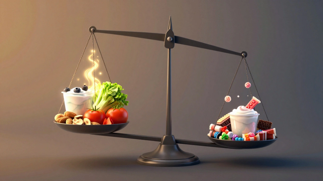Váha s zdravými svačinami na jedné straně a sladkostmi na druhé.