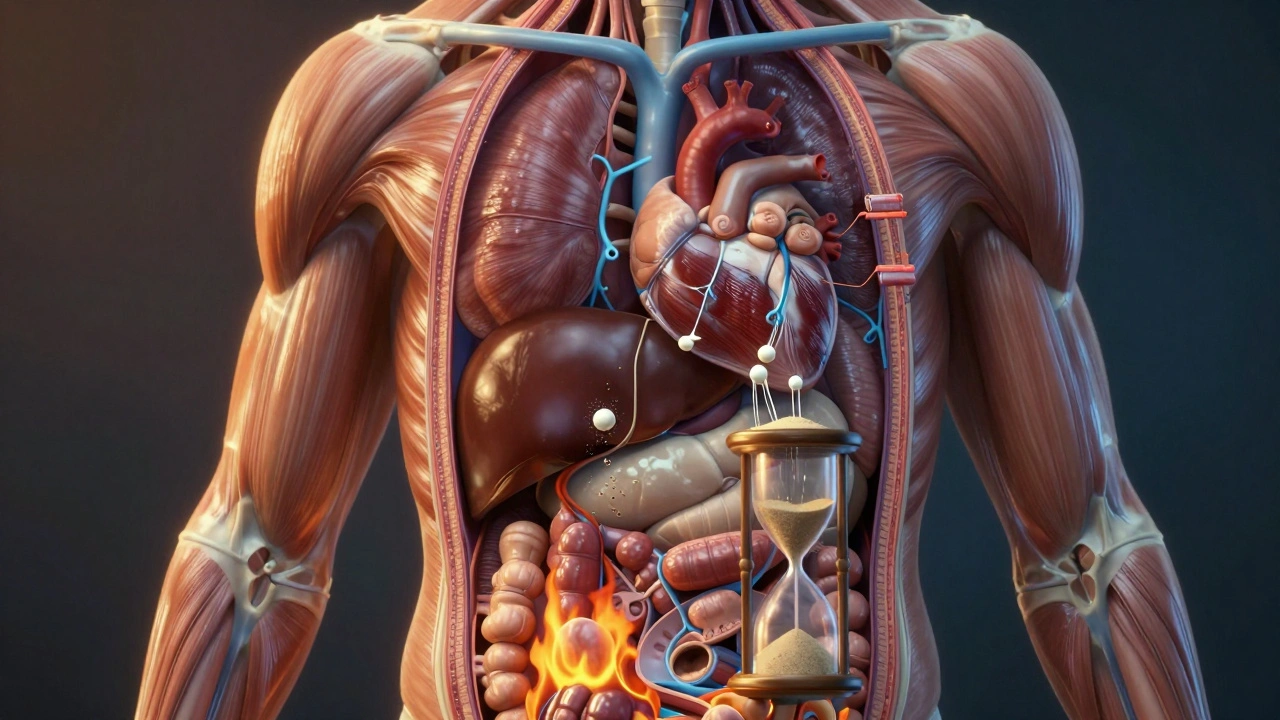 Vnitřní struktura těla ukazující rozklad svalů, vyčerpání jater a narušený srdeční rytmus při hladovění.