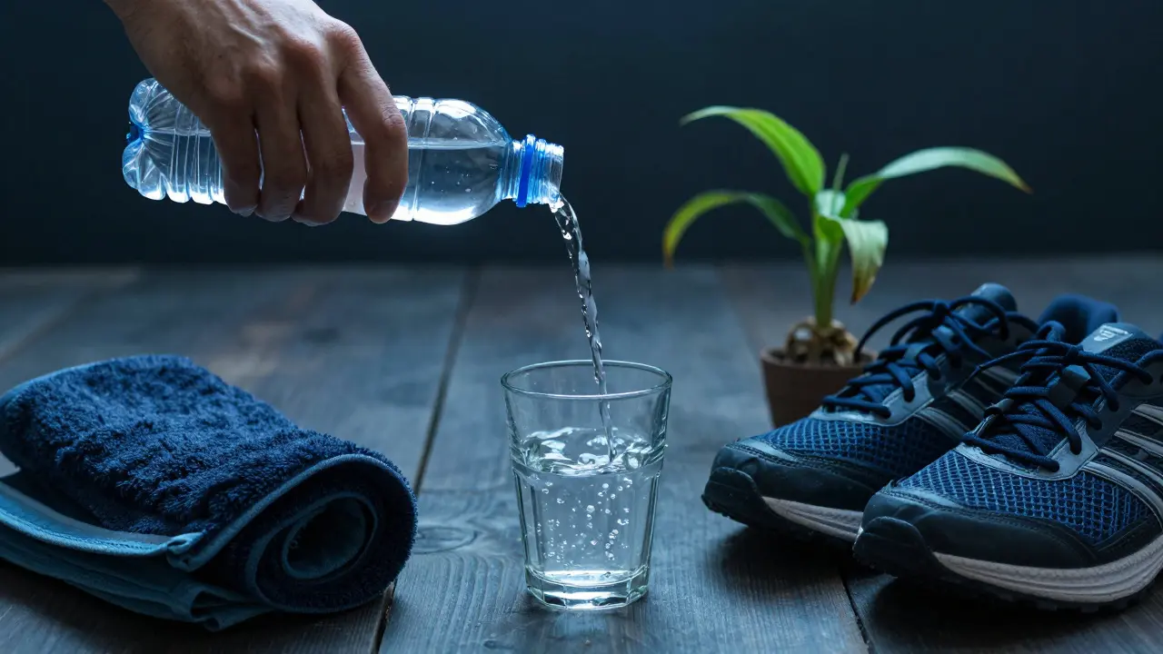 Voda kapající do sklenice vedle atletických bot a uvolňujícího se rostliny.