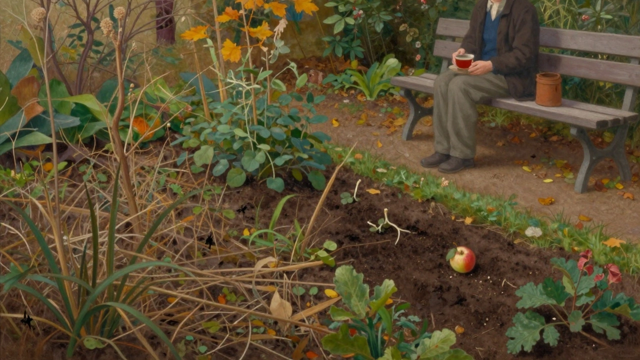Zahrada v podzimu — jedna část zapomenutá, druhá pečovatelsky udržovaná.