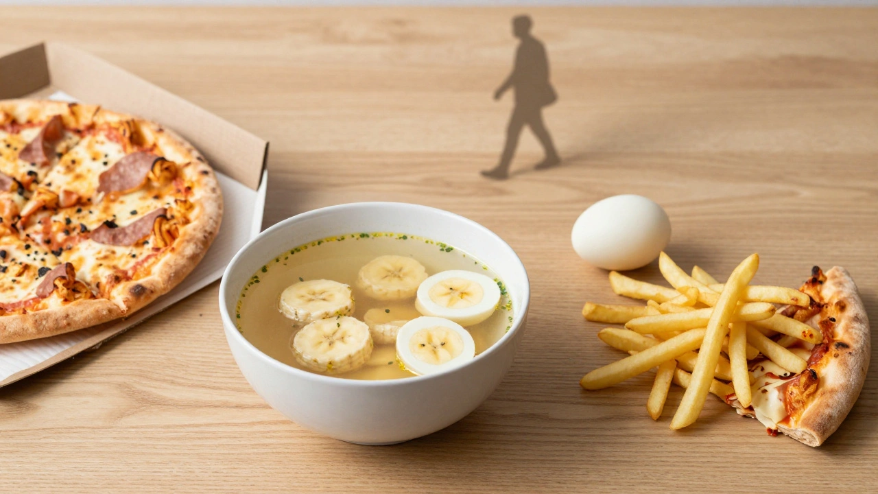 Zdravé jídlo vedle nezdravého, symbolický výběr po hladovění.