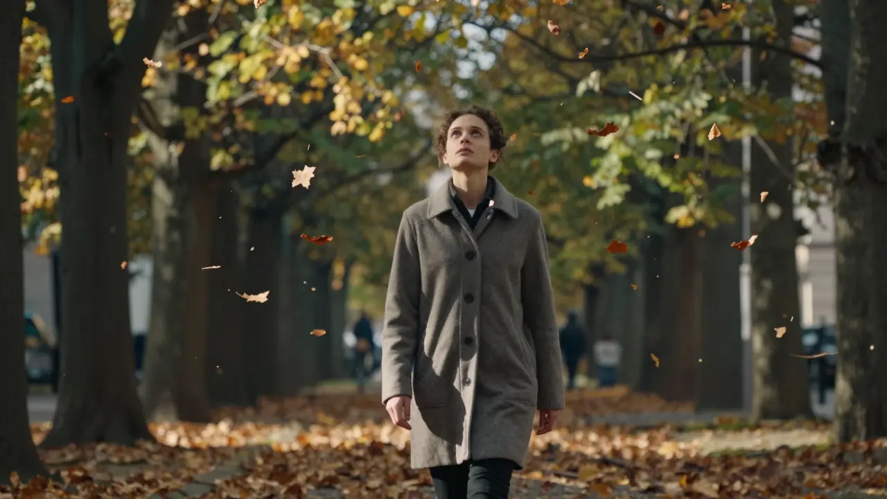 Člověk pomalu prochází ulicí v listopadu, listy padají kolem něj.