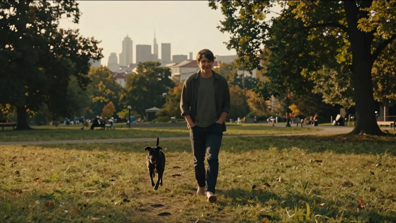 Člověk prochází parkem v západu slunce, bez sluchátek, s psem.