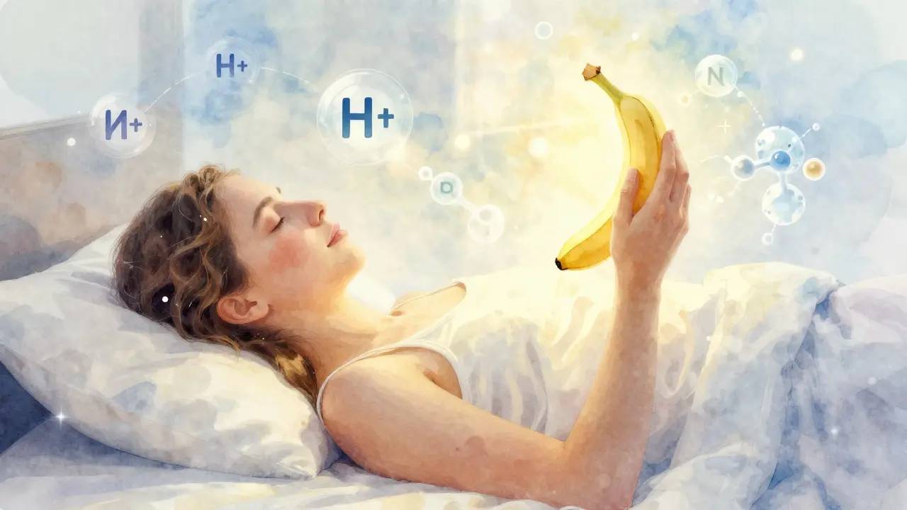 Člověk v klidu ve snu s biochemickými symboly kolem.