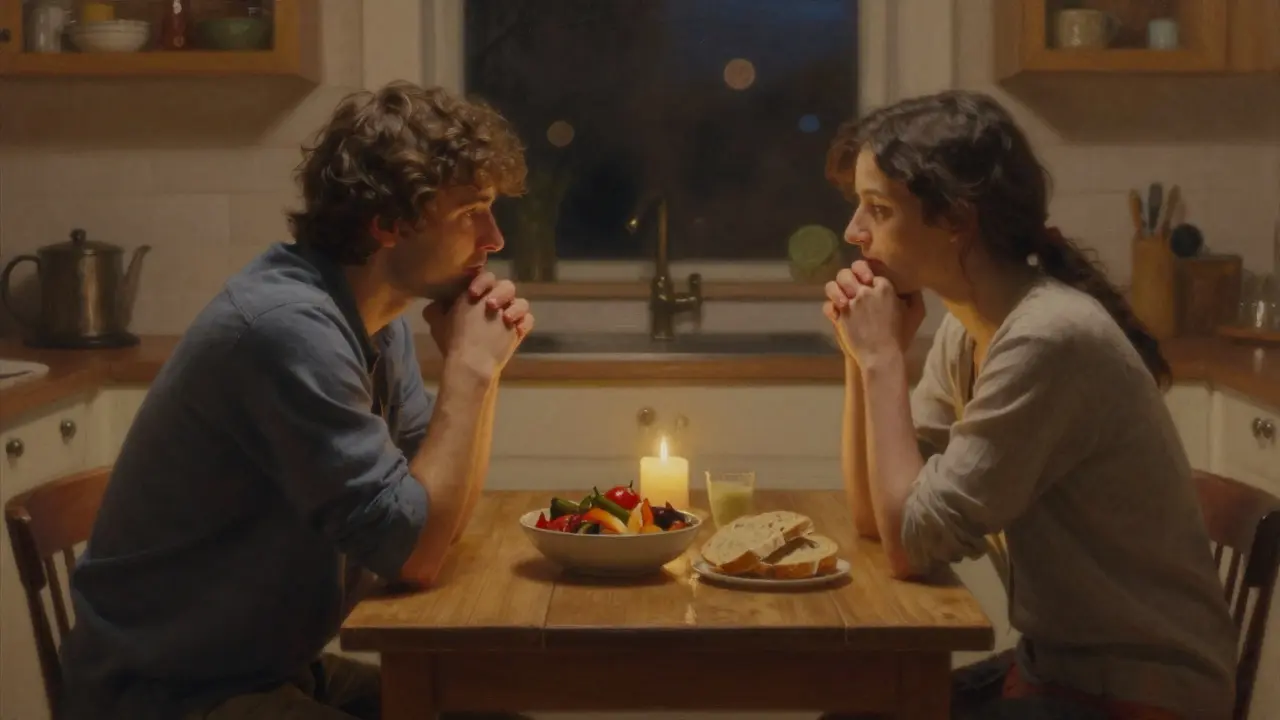 Dvě osoby spolu sedí ve večerní kuchyni, hovoří a poslouchají bez obrazovek.