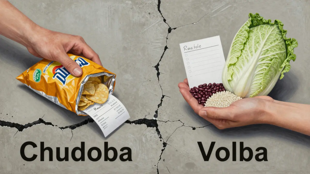 Dvě ruce: jedna drží čipsy, druhá zdravé potraviny, na pozadí rozdělená plocha s nápisem 'Chudoba' a 'Volba'.