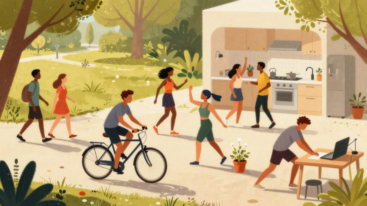 Lidé se pohybují v různých denních aktivitách: procházejí, jezdí na kole a tančí s radostí.