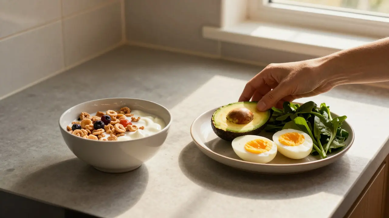 Na kuchyňském stole dva jídelníčky: sladké snídaně a zdravá jídla, světlo z okna je teplé.