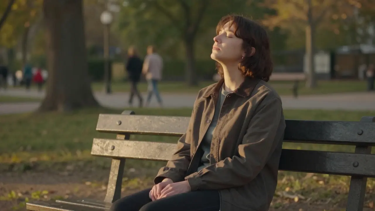 Osoba sedí na lavičce v parku, oči zavřené, tvář obrácená ke slunci, bez telefonu, kolem klidná příroda.