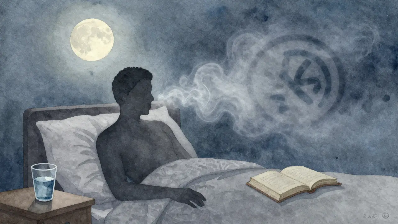 Postava ve tmě s vodou, knihou a klidným dechem, symbolizující obnovu během spánku.