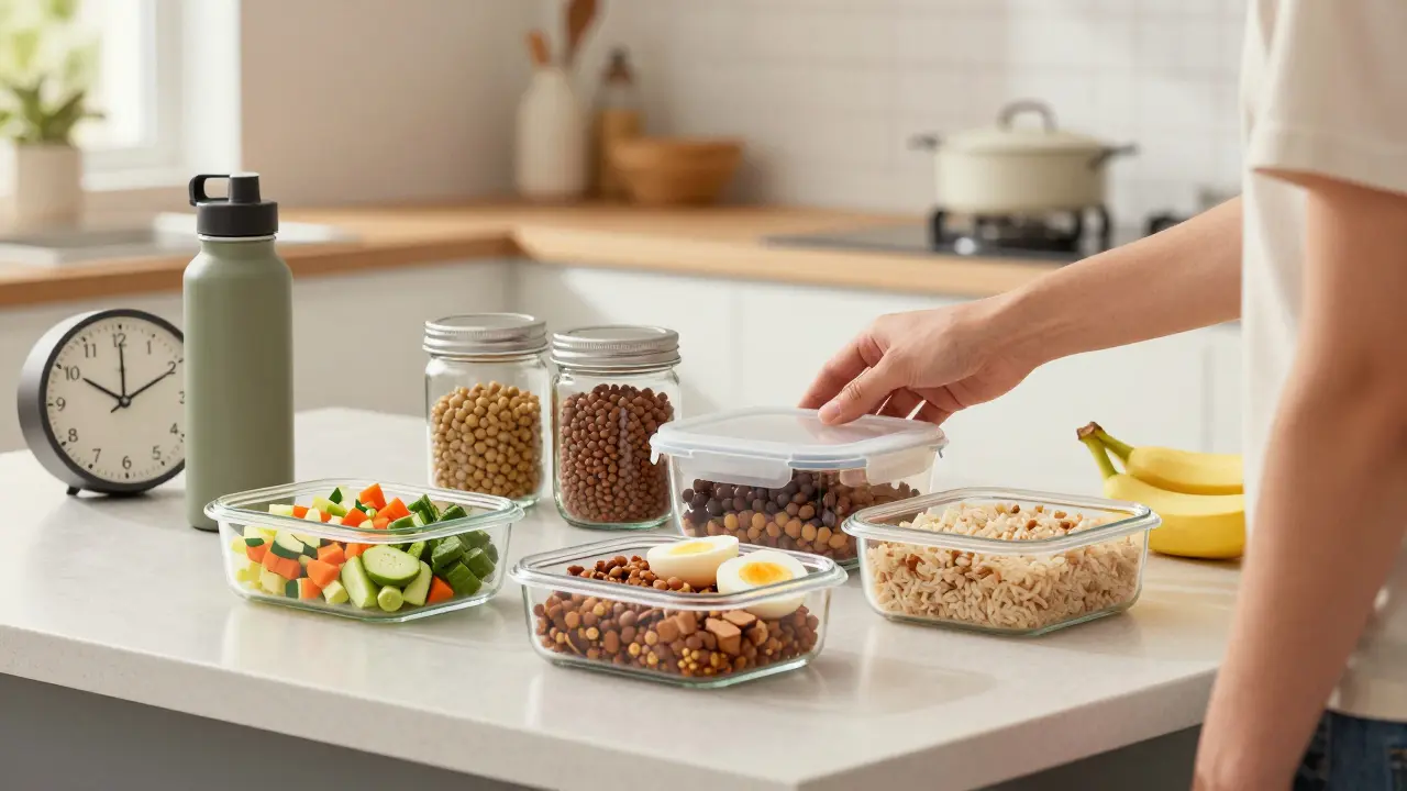 Příprava jídel na týden v skleněných kontejnerech s zeleninou, fazolemi a vajíčky.