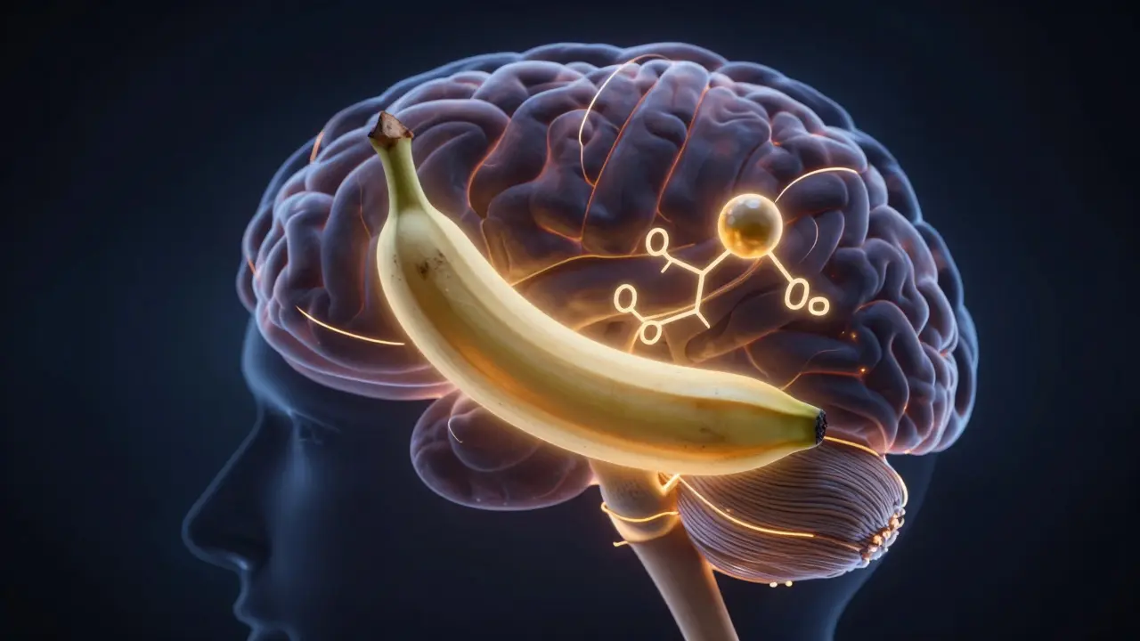 Průřez banánu s chemickými cestami do mozku.