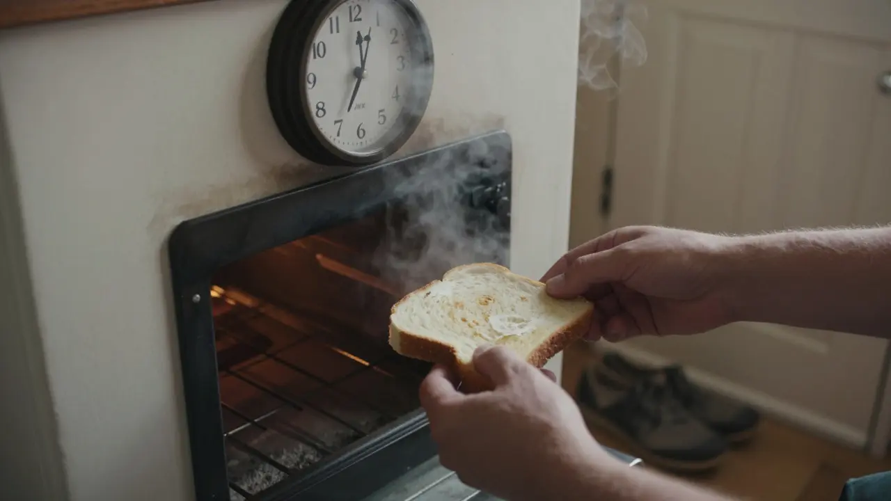 Ruce roztahující zmrzlý chleba v troubě s ranním světlem a obuví u dveří.