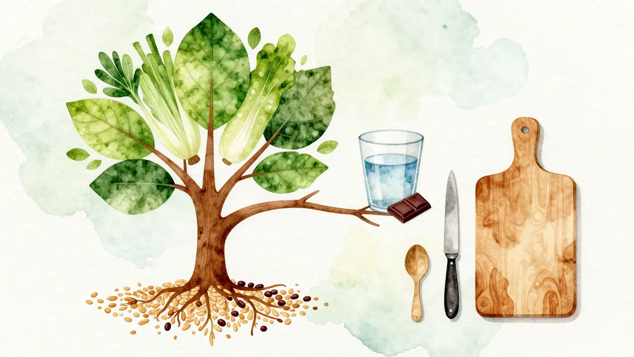 Strom s listy tvaru ovoce a zeleniny, kořeny z celozrnných obilovin a sklenice vody.