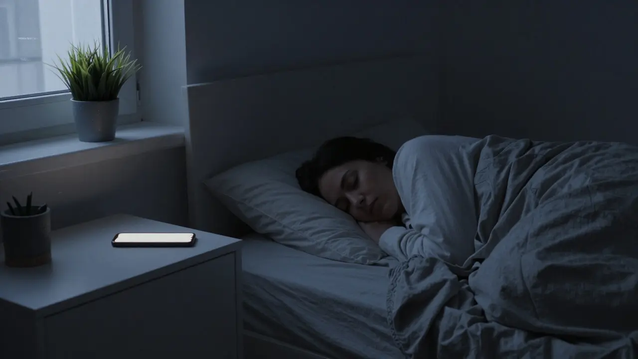 Tichá ložnice v noci, telefon daleko od postele, člověk spí v klidu.