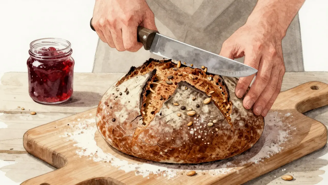 Tradiční český kvasový chléb na dřevěné desce s celými zrnami a nožem připraveným k nastříhání.