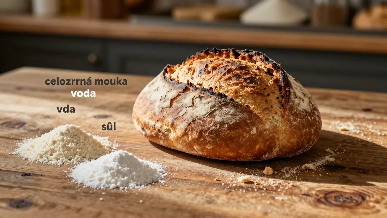 Tradiční český pečený chléb na dřevěné tabuli s označenými třemi složkami.
