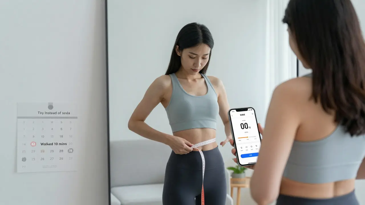 Žena měří obvod pasu a sleduje pokrok ve zdravotní aplikaci.